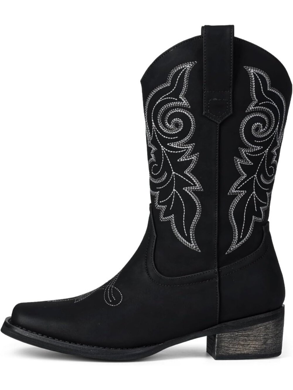 Women's Black Square Toe Mid Calf Low Chunky Heel Classic Retro Cowgirl Boots - Picture 4 of 6